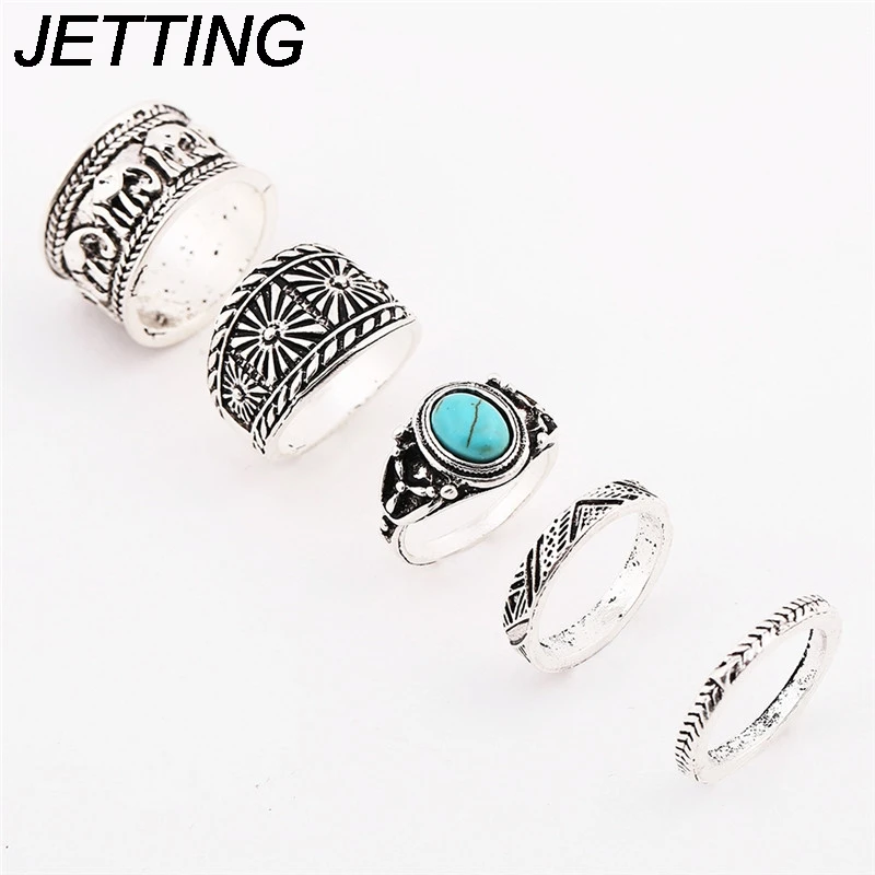 

5Piece/set Unique women ring geometric Vintage party ring bijoux bagues jewelery Plating ancient silver rings for women