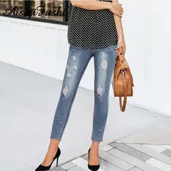 Джинсовые женские узкие джинсы отверстие Рваные джинсы для Для женщин стрейч большого размера Высокая Талия Винтаж изящные джинсы из