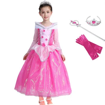 

Girl Aurora Dress Princess Sleeping Beauty Cosplay Costume Child Long Sleeve Sequined Pink Clothes Kids Halloween Show Ball Gown