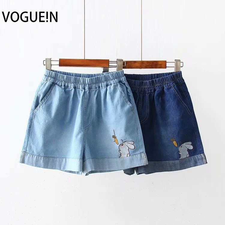 

VOGUEIN New Womens Rabbit Carrot Embroidered Pockets Denim Jeans Short Pants Shorts Wholesale