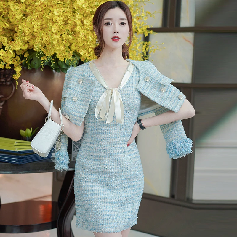

Light blue tweed jacket +Sleeveless dress suit pearl buckle Spring / autumn / winter women's jacket ladies 2 pieces suit