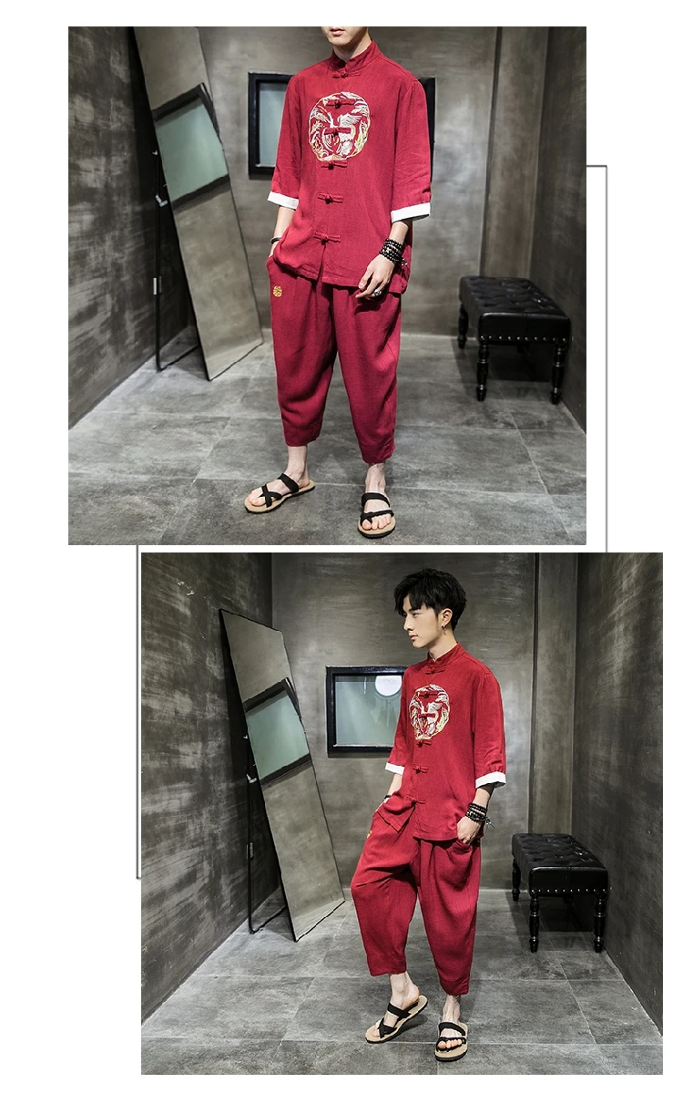 Sinicism магазин Китайский стильный спортивный костюм для мужчин летние мужские льняные шорты костюм наборы из 2 предметов мужская пряжа для вышивания спортивный костюм