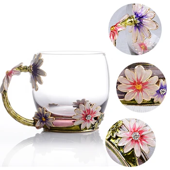 

Crystal Glass Cups Enamel Handles Heat Resistant Scented Tea Milk Juice Coffee Cups Home Office Cups Mother's Gift