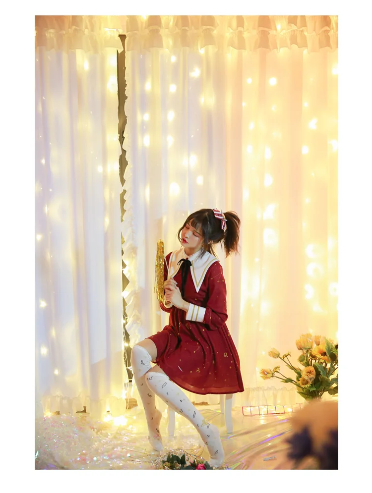 Звезда и Луна галактика миф тема милое женское красное платье с длинным рукавом шифон Мягкая Лолита Рождество цельное с бантом булавка