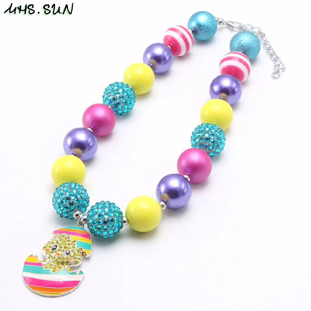 

MHS.SUN Kids Beads Necklace Child Girls Chunky Necklace With Cute Crystal Easter Egg Pendant Baby Festival Jewelry For Gift