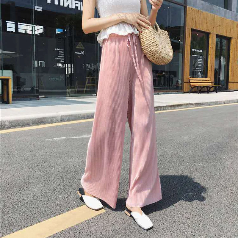 Wide leg Pants Women High waist Loose Casual Pleated Pants Brand Quality Drape Chiffon Ankle Length Trousers