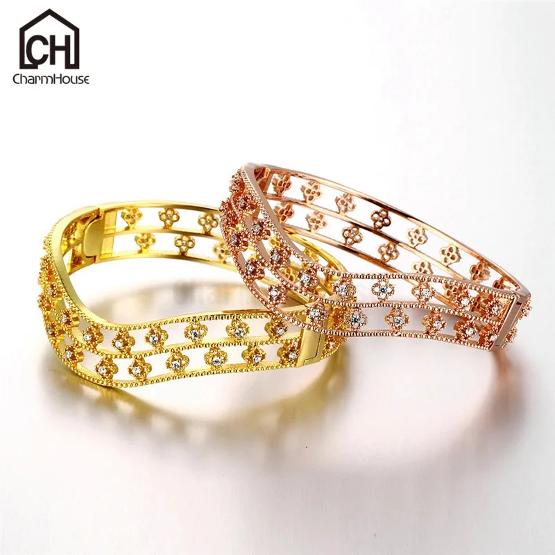 Womens Bracelets Rose Gold/Gold Color Cubic Zirconia for Woman Fashion Jewelry Wide Hollow Bangles Pulseira Female | Украшения и