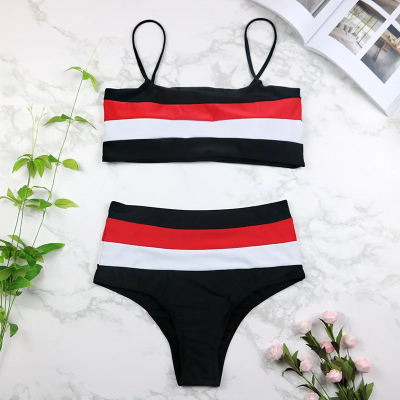 

2019 New Sport Bikini Sexy Two Pieces Striped Swimsuit High Waist Swimwear Bandeau Biquini Women Patchwork Bathing Suit 3312