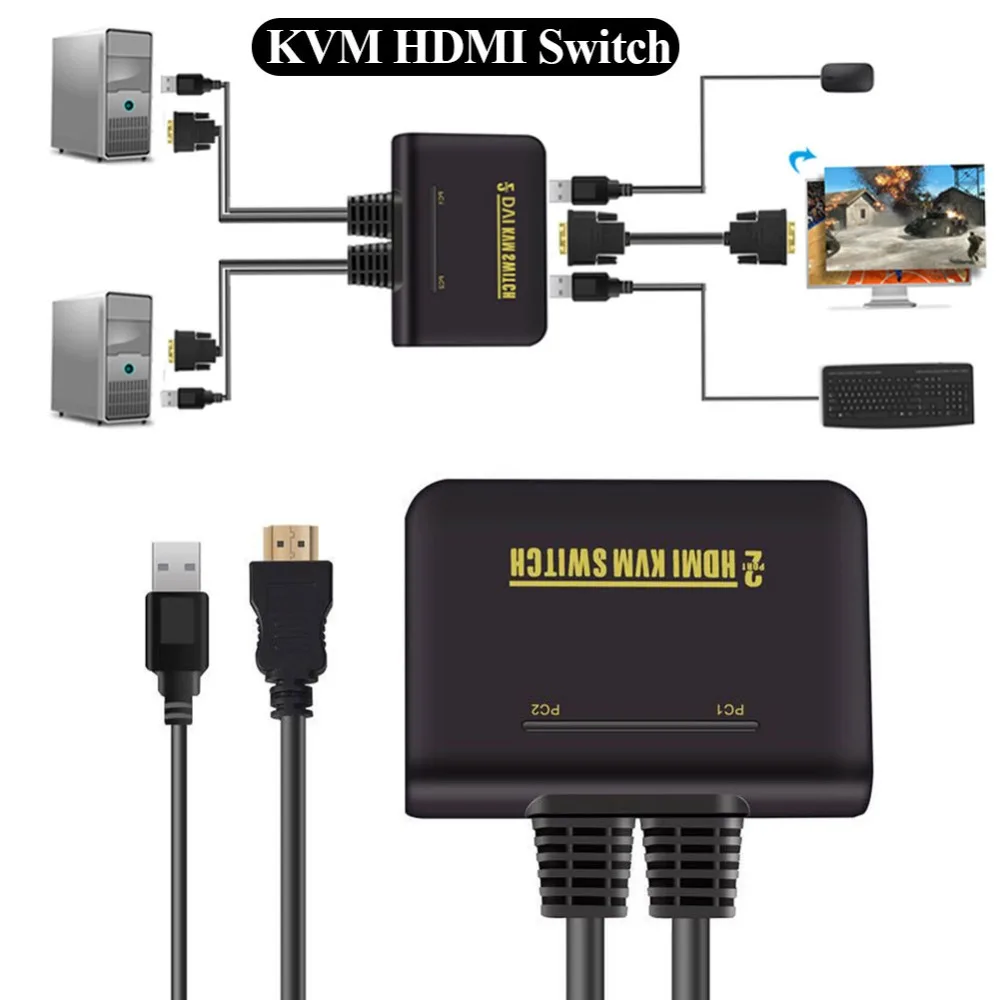

High Quality 2 in 1 Dual Port HD KVM Switch HDMI Switch Support Automatic KVM USB Mouse Keyboard Switching Audio Video Cable