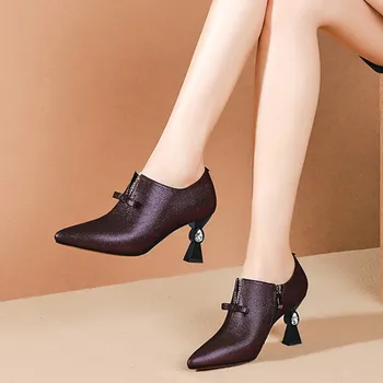 

MLJUESE 2019 women pumps Sheepskin purple color Rome style autumn spring shallow pointed toe high heels party dress size 34-42