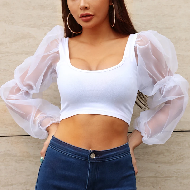 

2019 Summer Sexy Mesh Top Women Patchwork Top Streetwear tshirt Transparent Black White Puff Sleeve Casual Crop Tops Clothing