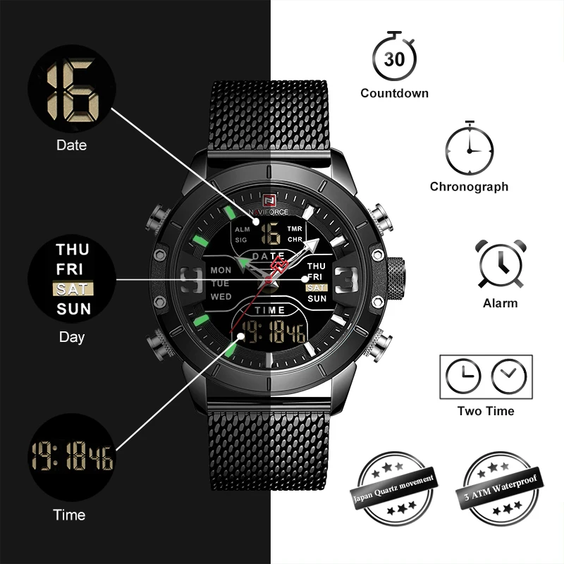 Mens watch top brand luxury NAVIFORCE 9153 stopwatch LED sport military waterproof steelstrap wrist