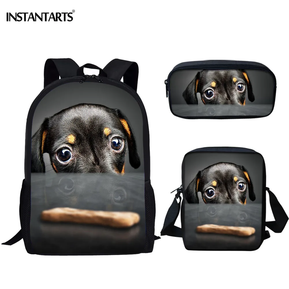 

INSTANTARTS Dachshund Terrier Dog Print School Bags Children 3D Design Custom Style Bookbags Set with Mini Messenger Bag Mochila