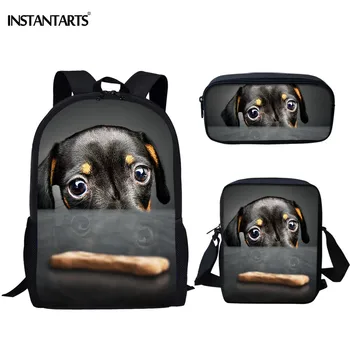 

INSTANTARTS Dachshund Terrier Dog Print School Bags Children 3D Design Custom Style Bookbags Set with Mini Messenger Bag Mochila