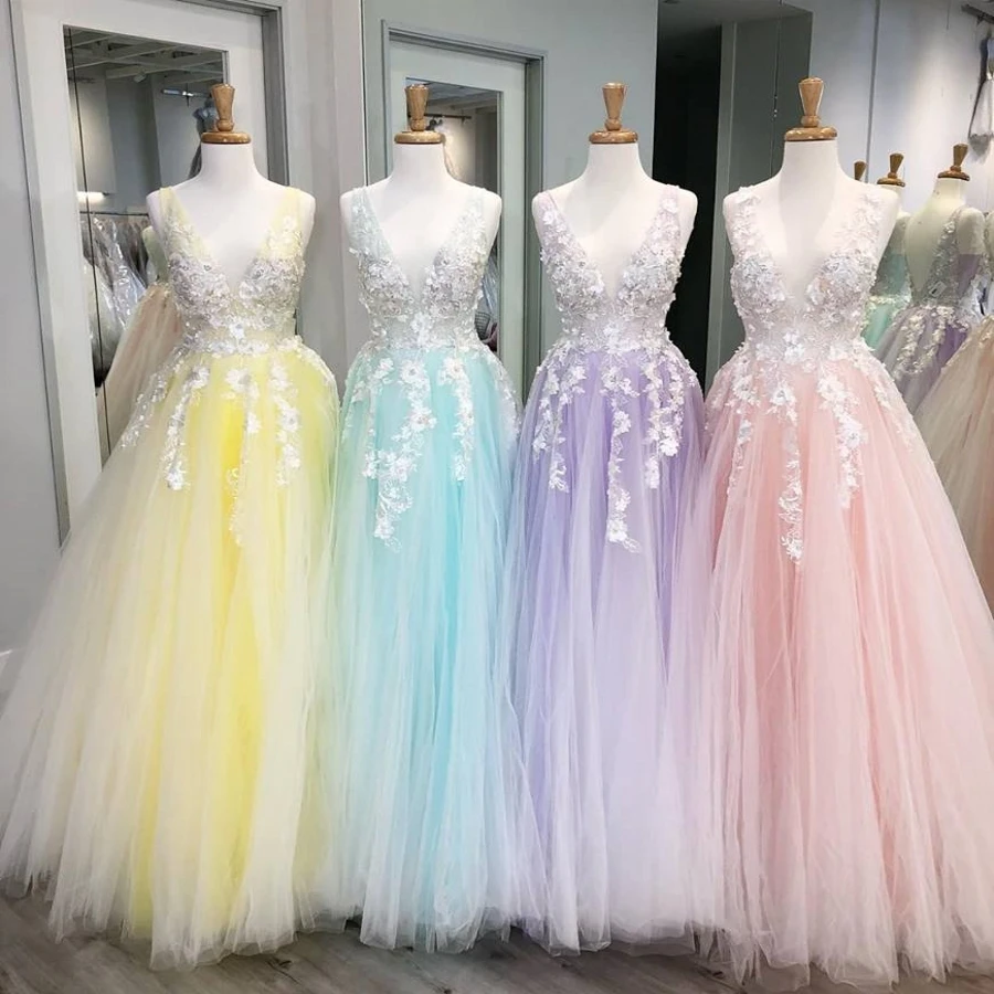 Candy Color Prom Dress 2019 Ballgown Deep V Neck Blush Lilac Light Yellow  Sky Blue Long Pageant Gowns for Lady Made-to-Order - AliExpress