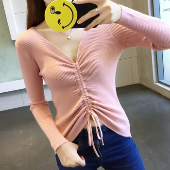 

Women Knitted V-neck Full Sleeve Solid Sweaters Pullovers Female Knitting Sweaters Tops for Girls 2018