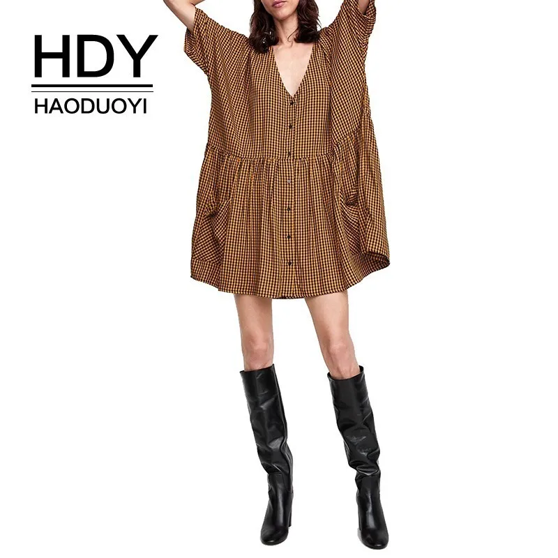 

HDY Haoduoyi Femme Summer Sexy Simple Girls V-Neck A-Line Loose Half Sleeve Pleated Plaid Single-breasted Pockets Mini Dress