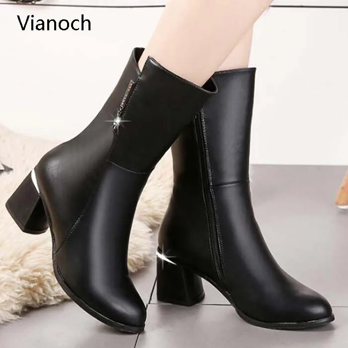 

Vianoch Fashion New Womens Snow Boots Mid Calf High Heels Winter Fur Warm High Heels Black Platform Pumps Shoes Lady 41 wo180896