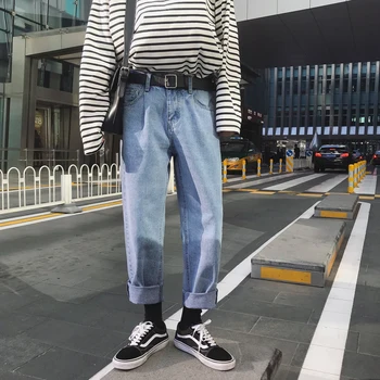 

2019 Men's Light Blue Colour Wash Wide Leg Pants Baggy Homme Classic Cargo Pocket Jeans Mens Casual Pants Biker Denim Trousers