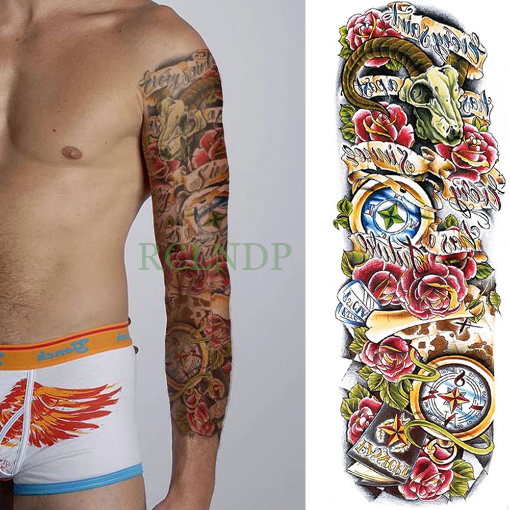 

Waterproof Temporary Tattoo Sticker full arm large size rose compass old school tatto stickers flash tatoo fake tattoos for men