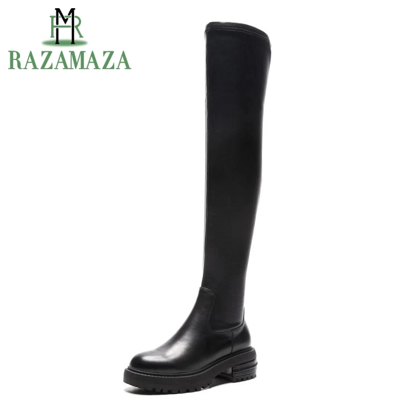 

ZALAVOR Women Real Leather Elastic Boots Over The Knee Stretch Thigh High Boots Low Heels Round Toe Genuine Boots Shoes Female