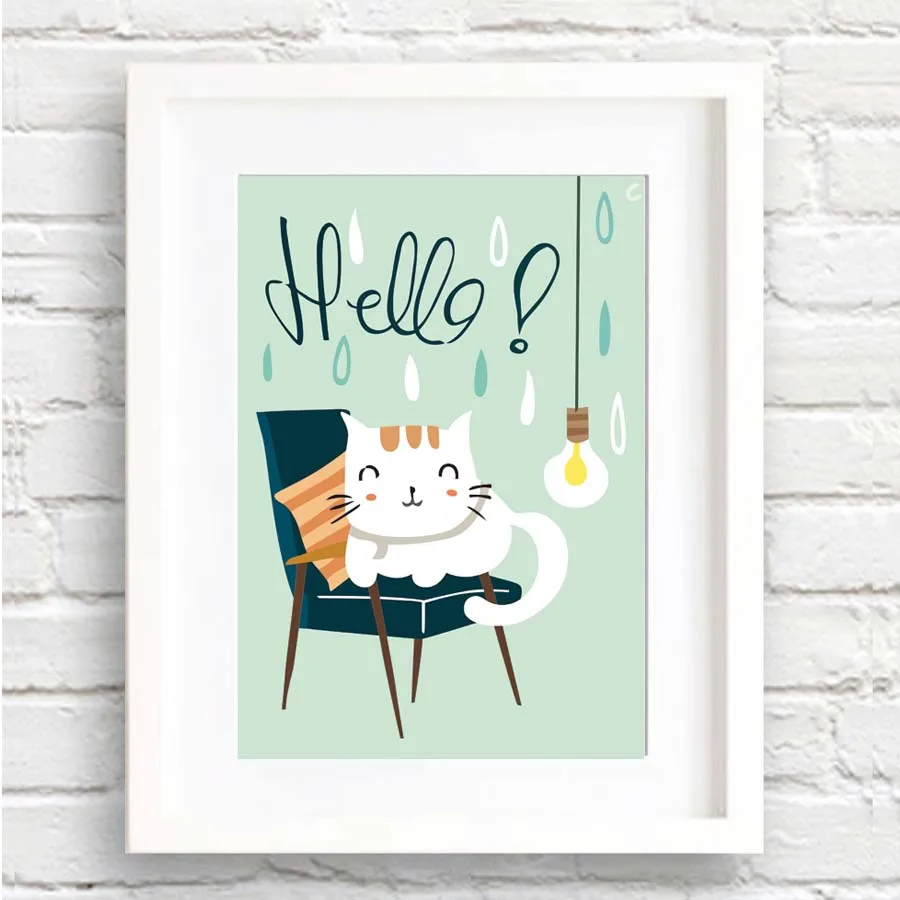 Kartun Lucu Kucing Terletak Pada Kursi Hello Kata Kanvas Seni Cetak