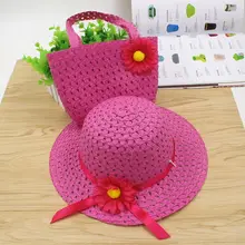 Hot Selling Summer Sun Hat Girls Kids Straw Hat Cap Beach Hats Bag Flower Tote Handbag Bags Suit Tote Handbag Flower Straw Cap two tone straw tote bag