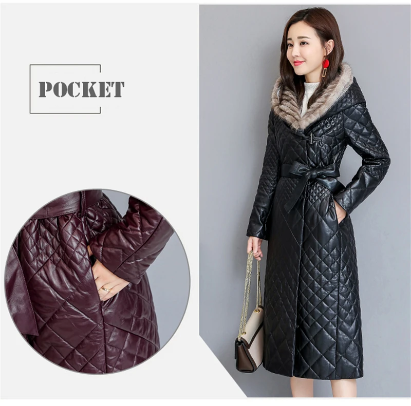 Женская зимняя длинная куртка с капюшоном, пальто, Большие меховые теплые с поясом, в клетку, ПУ перо, пальто, новая мода, тонкая, размера плюс, женская верхняя одежда