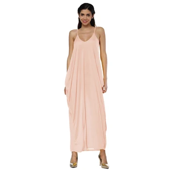 

Women Beach Dress Cotton Pocket Ladies Fashion Backless Sexy Boho Dress Loose Waist Solid Sling Deep V Neck Women Maxi Dress