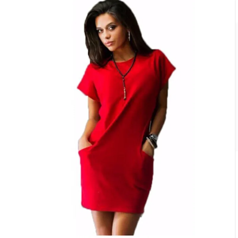 

2019 Summer Women Dresses With O-Neck Plus Size Dress Casual Robe With Short Sleeve Pockets Mini Shirt Dress New Fashion Vestido