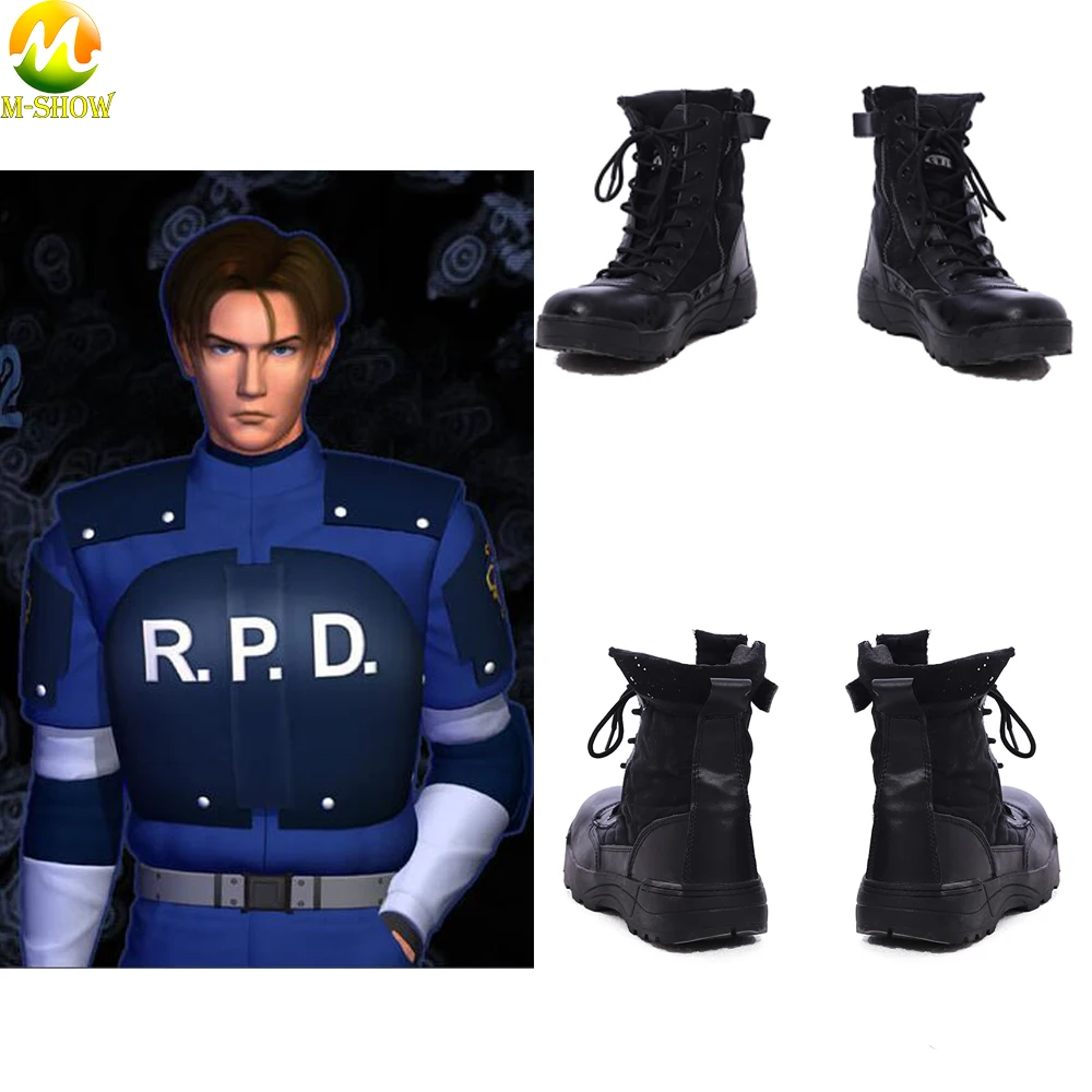  Resident Evil 2 Leon Scott Kenned Cosplay Boots Game Black Martin Boots Boots Halloween Costume Boots For Adult Men