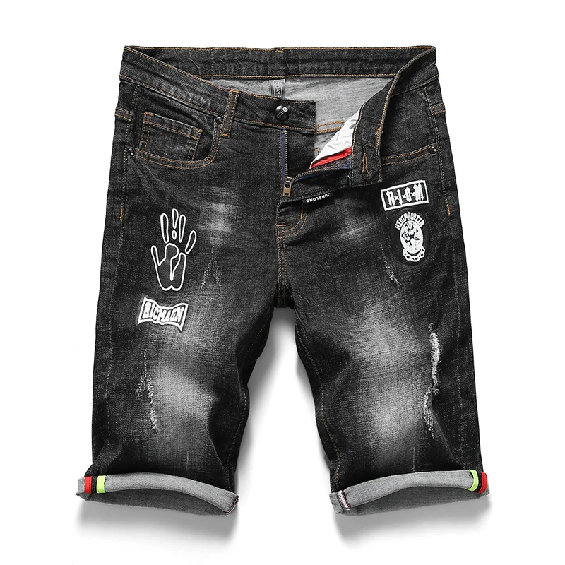 

New men shorts jeans slim stretch jeans printed male shorts torn ripped pants black trousers hip hop streetwear the Summer