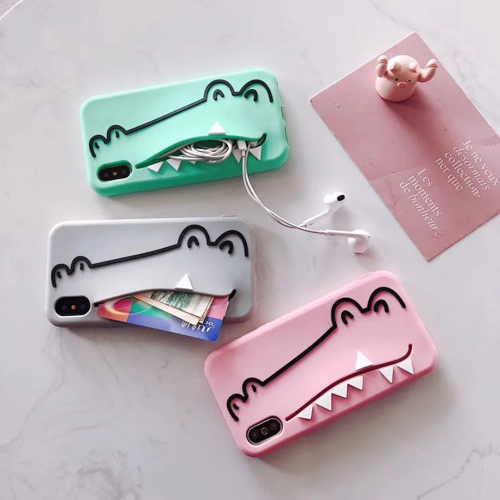 

3d crocodile wallet card silicone case for iphone 7 8 6 6s plus XR X XS MAX case cover cute cartoon animal soft phone bag capa