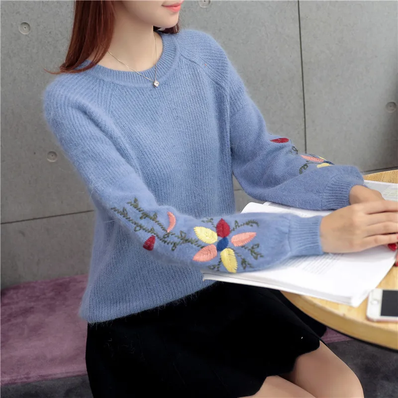 Новинка года; осенне-зимний шерстяной свитер для девочек; Свободный пуловер с цветочной вышивкой для студентов