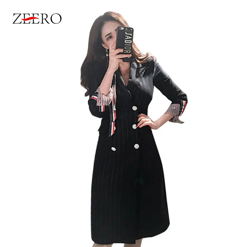 Блейзер платье 2018 Зима с длинным рукавом Noteched черный полосатый блейзер верхняя одежда платье Элегантное тело offerful дамы пальто корейский