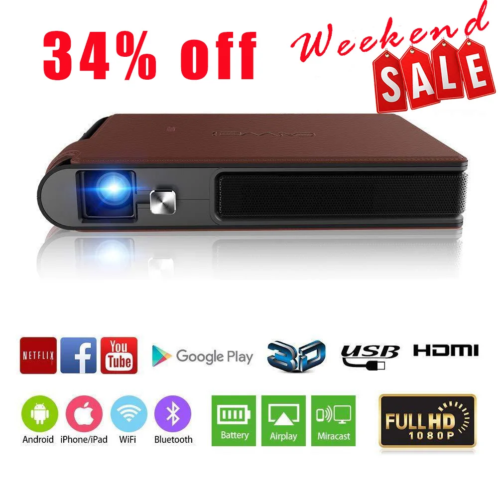 CAIWEI WIFI Home Theater Mini Portable LED Pico 3D DLP Projector 1080P Video Proyector with Android Bluetooth Miracast Airplay