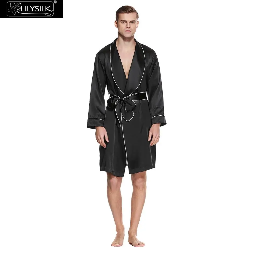 LilySilk халат пижамы для мужчин из чистого шелка Роскошный натуральный великолепный с контрастной окантовкой 22 momme мужская одежда - Цвет: Black