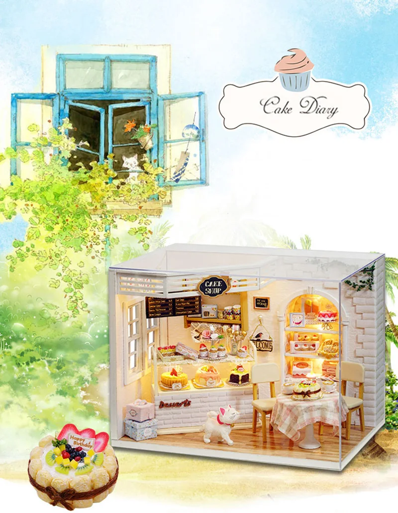 Cake Diary DIY Miniature Doll House 3D Wodden Handmade Dust Cover DollHouse Toy Miniaturas Furniture Kit Dollhouse Toys for Kids Gifts (1)