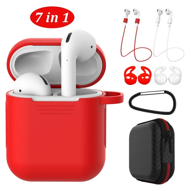 Красный 7 в 1 защитный силиконовый чехол для Apple Airpods 2 Чехол для зарядки с брелоком/ушками-крючками/штапами/коробкой для переноски - Цвет: Красный