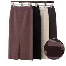 Весна, Новое поступление, утолщенные вязанные женские юбки с разрезом, Saias Na Altura Do Joelho, офисные юбки, женская одежда