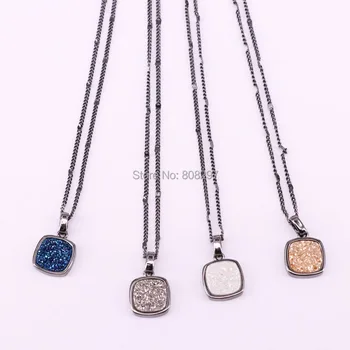 

10Pcs Square Shape Natural Stone Titanium Drusy Pendant Necklace Metal Link Chain Necklaces