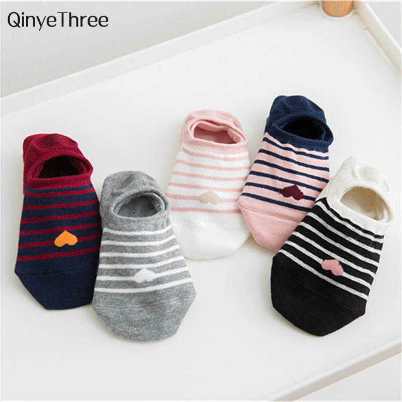 

2018 New Women Love Heart Pattern Invisible Socks Cute Fresh Female Stripe Sokken Soft Girls' Cotton Sox Fashion summer Spring