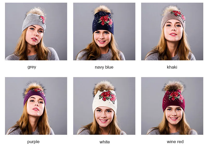 Winter Hat Women Knit Beanie Warm Cap Wool Flower Real Raccoon Pom Pom Autumn Casual Outdoor Ski Skullies Snow Accessory (24)
