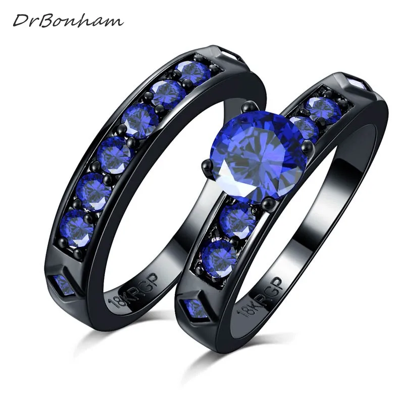 DrBonham Never fade shiny blue Cubic Zircon Engagement couple Rings Sets black Gold filled  Wedding alliance For Women DR1708