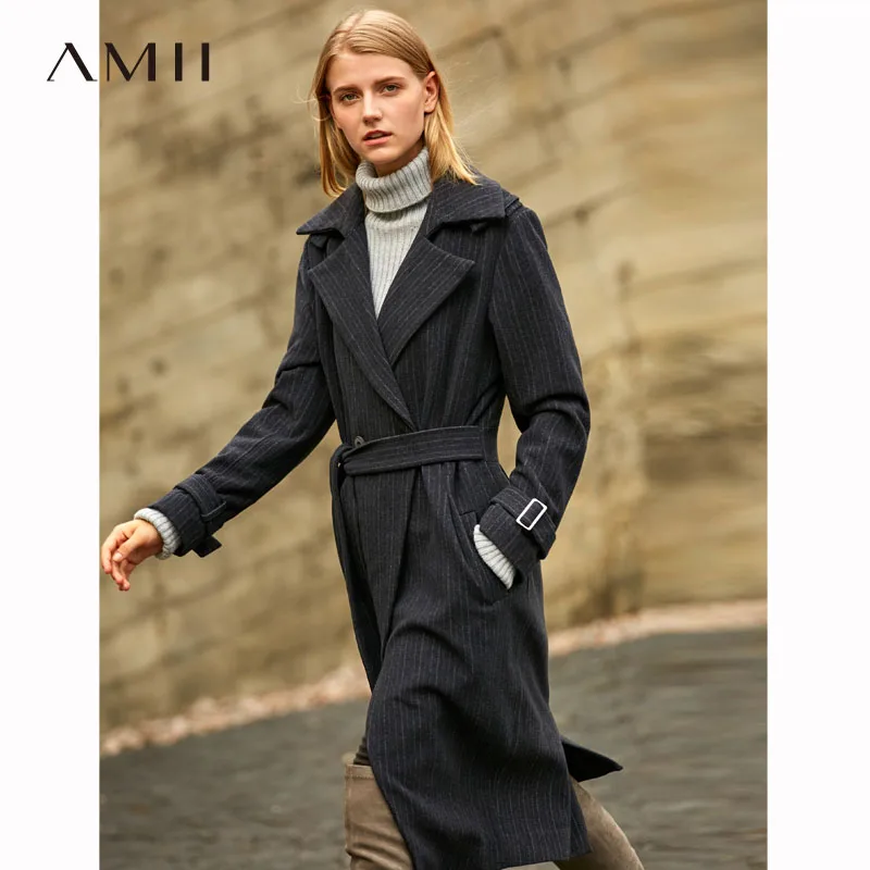 Amii Minimalist Long Striped Woolen Coat Women Winter 2018 Causal...