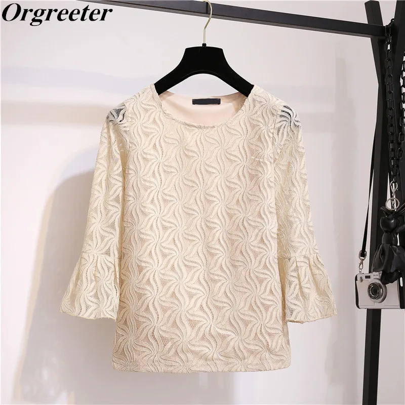 

2019 Spring Summer New Three Quarter Sleeve Lace Blouse Womens tops and blouse Solid Flare Sleeve O-neck Solid Casual Lace Shirt