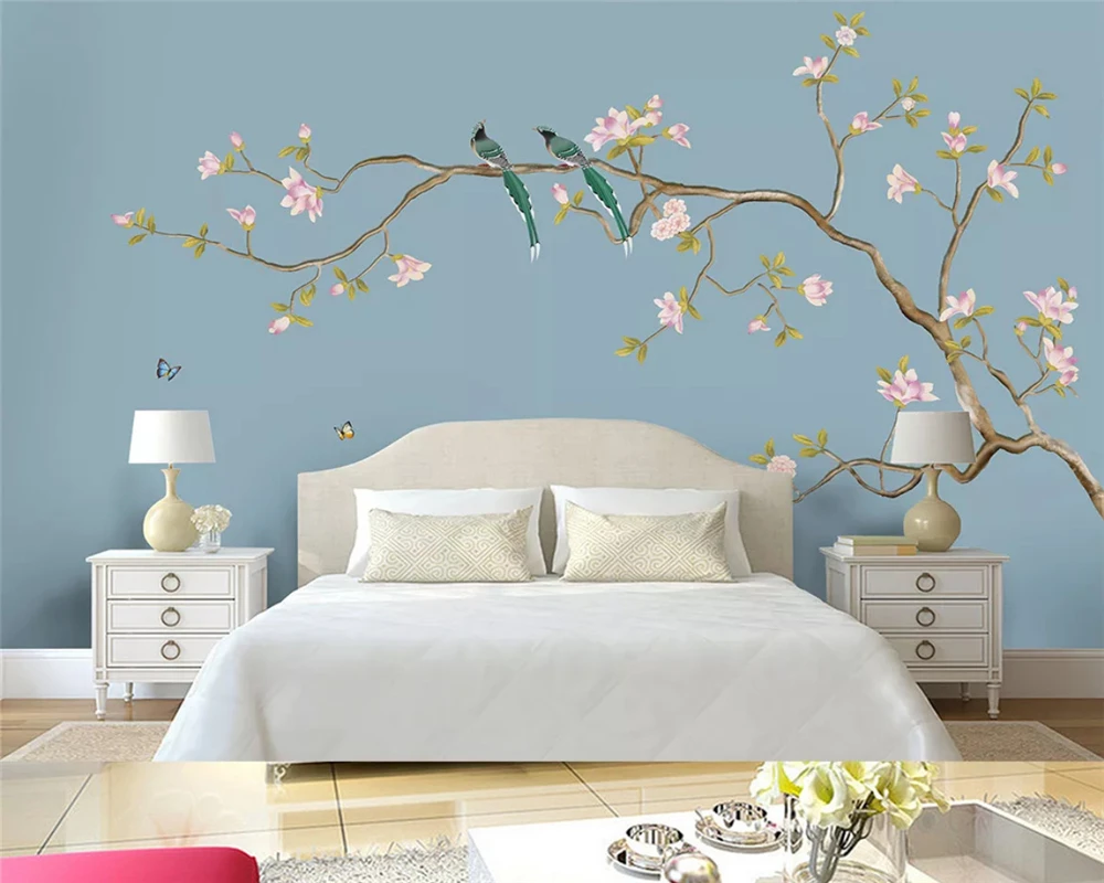 beibehang Customized modern wallpaper magnolia Chinese style hand-painted flowers birds European decorative painting wall paper