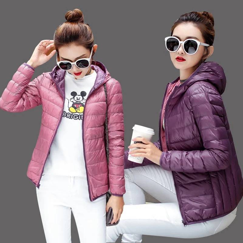 

2018 thin duck down two sides wear coat jacket utumn Women Bomber Basic Jacket Pocket Zipper Hooded double wear spring outwears