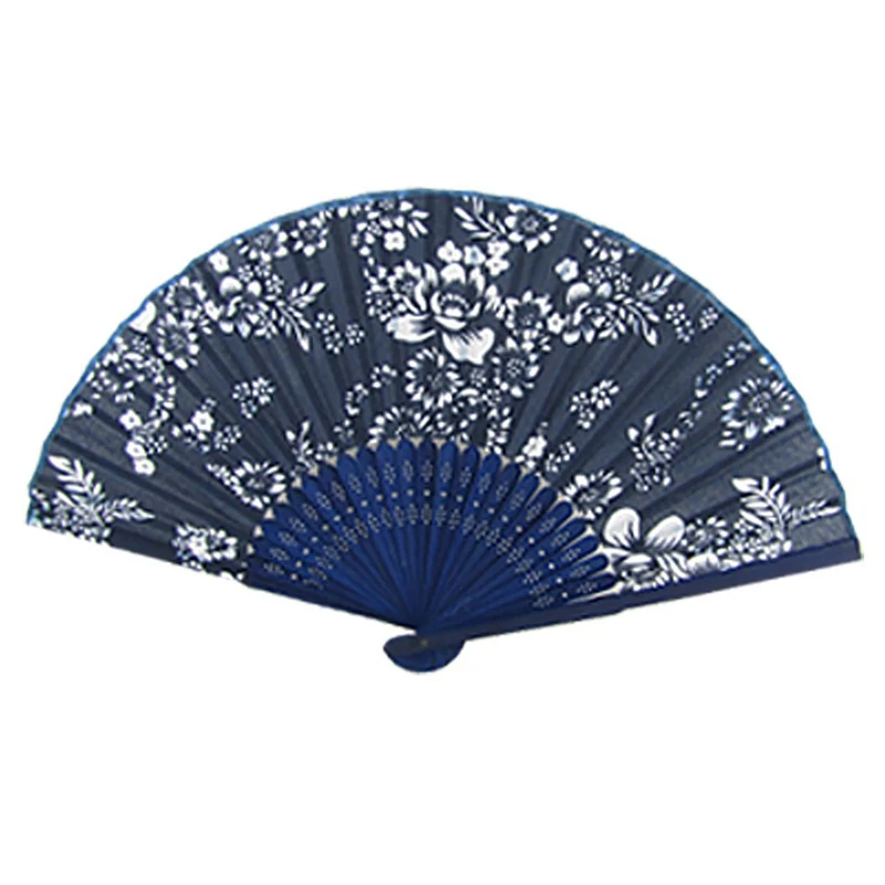 

AABB-Flowers Pattern Folding Small Hand Fan, Dark Blue + White
