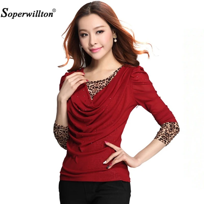 

2018 Women Lace Blouse Spring O-neck Long Sleeve Slim Elegant Female Shirts Patchwork Beading Leopard Shirts Women Pullover Top